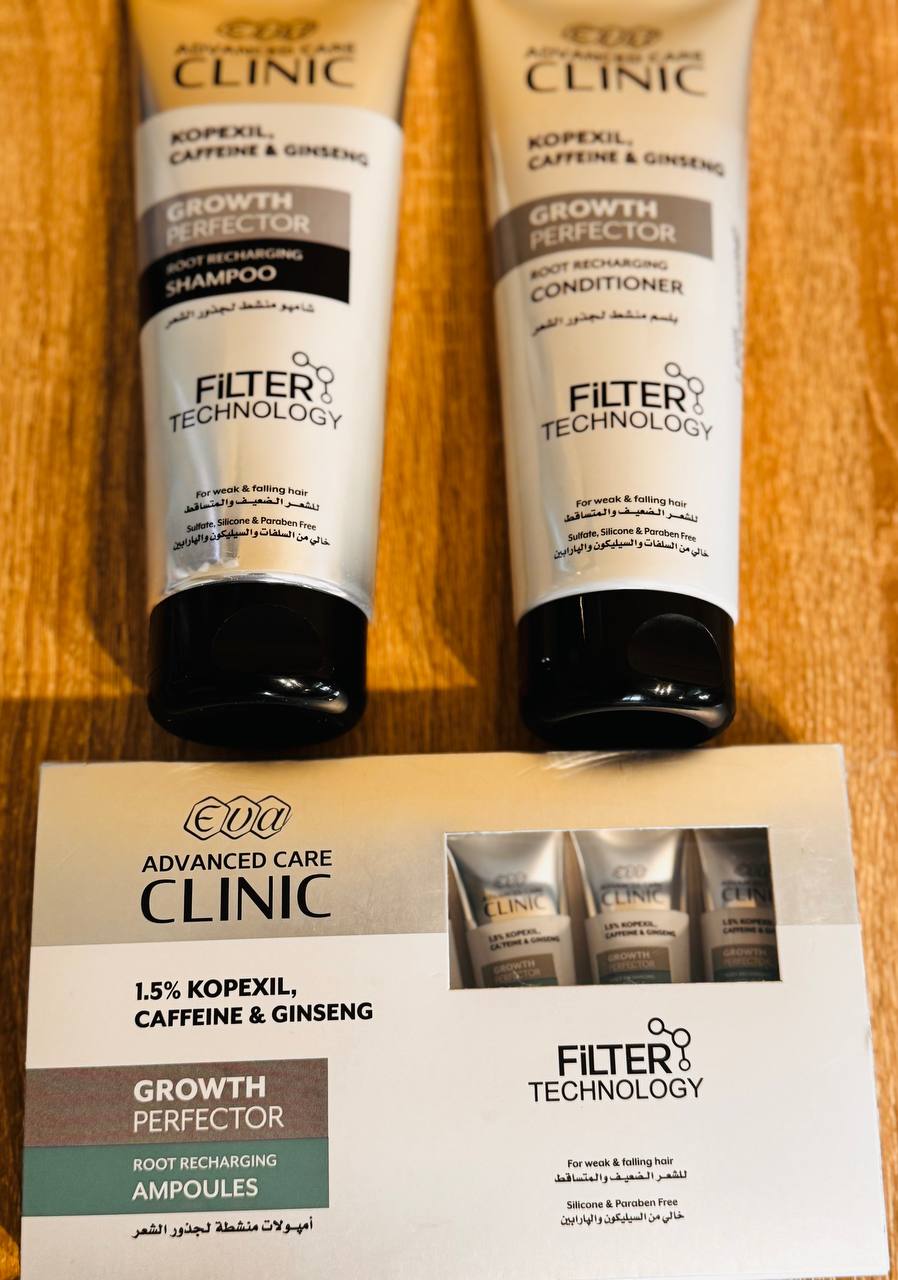 Eva Advanced Care Clinic. Копексіл, кофеїн і женьшень. Шампунь, кондиціонер та ампули для ослабленого та випадаючого волосся. Kopexil, Caffeine and Ginseng. Growth Perfector. Root Recharging.