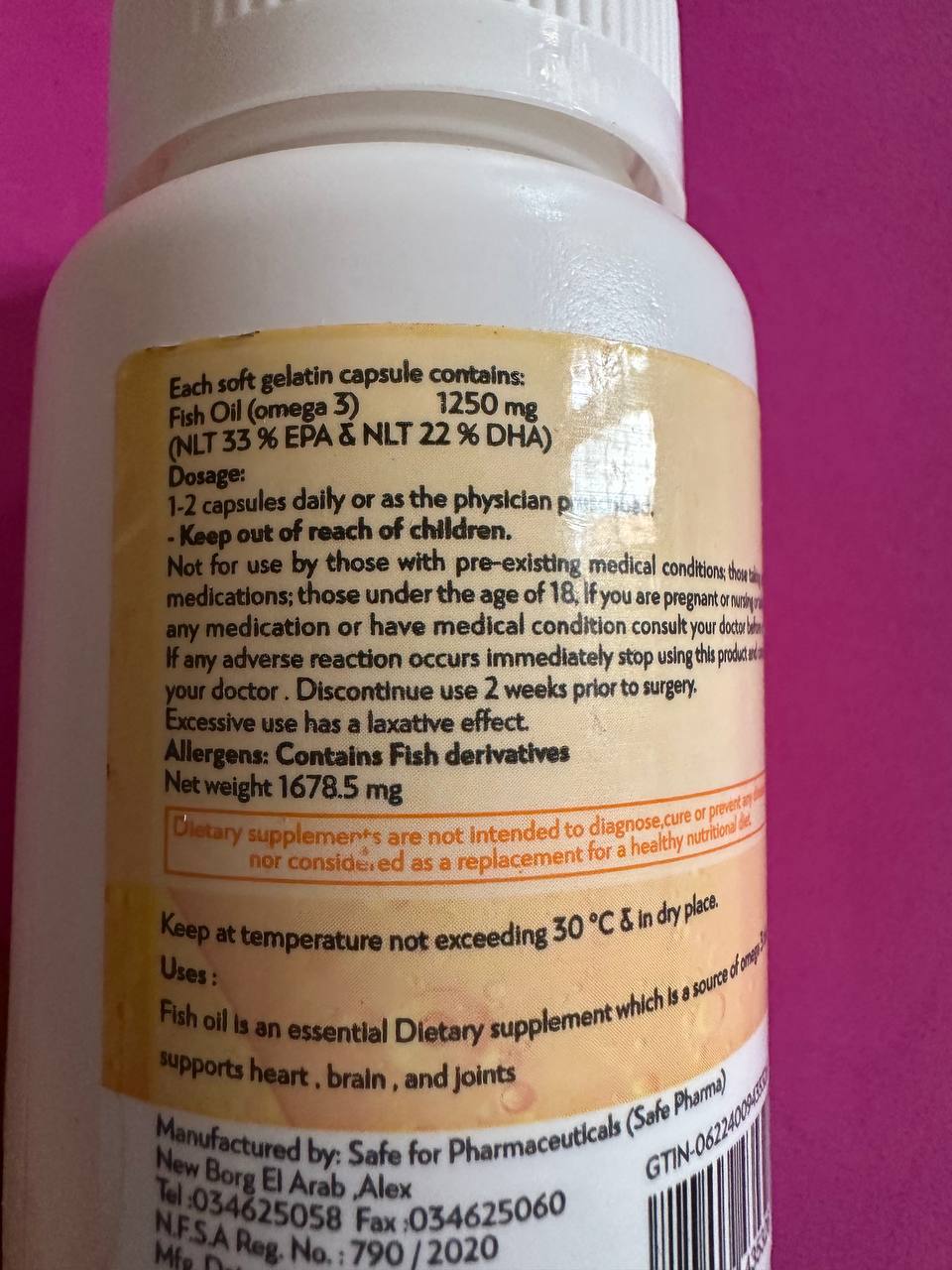 Omega 3 Safe 1250 мг. Дієтична добавка риб’ячого жиру (fish oil). 60 капсул - Зображення 2
