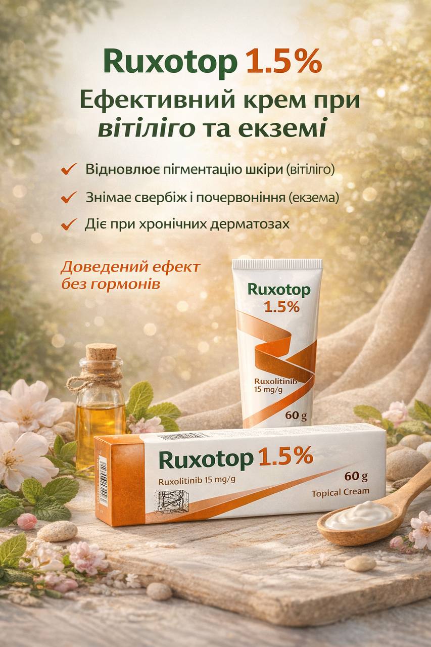 Вітіліго Ruxotop (ruxolitinib 15mg/gm) Руксотоп (руксолітиніб) Крем для місцевого застосування для лікування вітіліго. 60г. Topical cream for vitiligo treatment