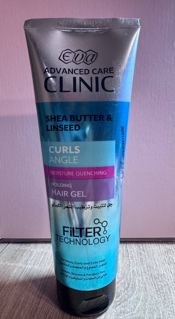 Eva Advanced Care Clinic. Гель для фіксації волосся з маслом ши та насінням льону. Shea butter and linseed holding hair gel. Curls angle