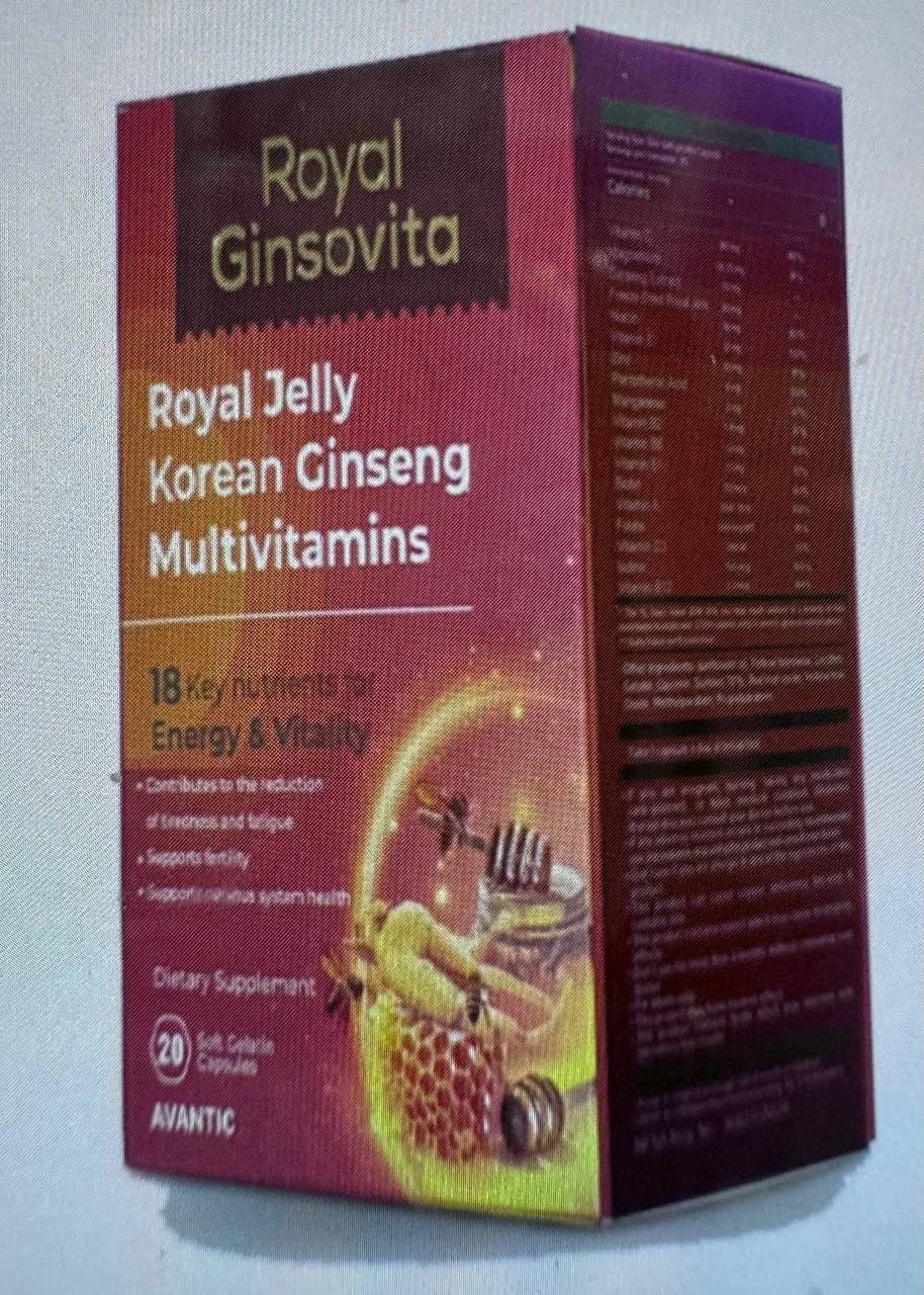 Royal Ginsovita. Полівітаміни з маточним молочком і корейським женьшенем. 20 капсул. Royal Jelly and Korean Ginseng Multivitamins