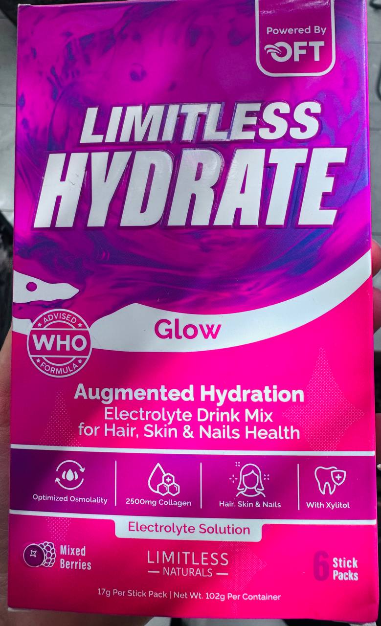 Limitless Hydrate. Сяйво. Суміш для напою з електролітами для здоров'я волосся, шкіри та нігтів. 6 стіків. Glow. Electrolyte Drink Mix for hair, skin and nails health