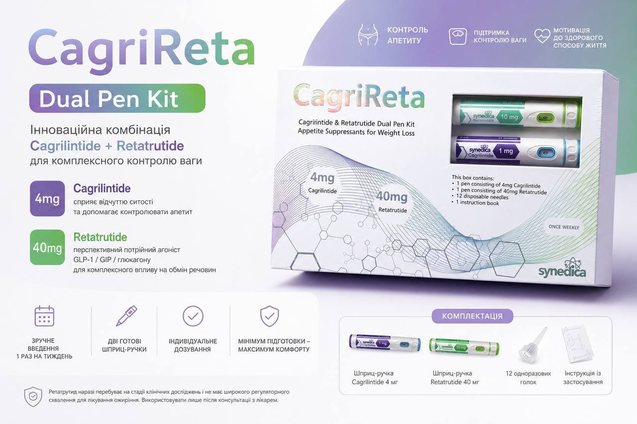 Synedica. CagriReta (Cagrilintide 4mg, Retatrutide 40mg). КагріРета (Кагрілінтид 4мг, Ретатрутид 40мг). Комплект із двома ручками. Dual Pen Kit